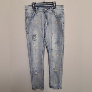 ROMWE Distressed Skinny Jeans Paint Splatter Light Wash Size 34 Mens Streetwear